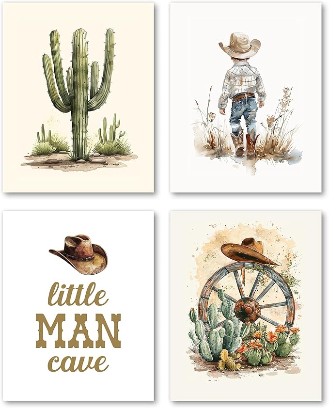 Hxlac Western Cowboy Nursery Wall Art Prints Set of 4 UNFRAMED - Western Wall Decor for Toddler Baby Boy Room, Cowboy Nursery Decor, Little Man Cave Pictures Wall Decor (8x10 Inches)