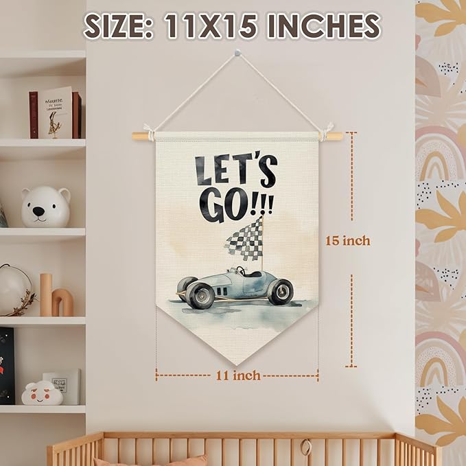 Wheatwin Boys Room Decor, Let's Go Race Car Wall Hanging Pennant Flag Banner, Race Car Playroom Wall Decor for Kids Boys Toddler Nursery Room Bedroom 15x11 Inch