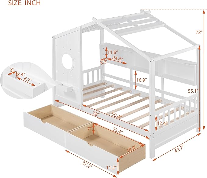 Harper & Bright Designs Wooden Twin Size House Bed Frame with 2 Drawers for Boys Girls Kids Toddler,Kids Bed with Storage Shelf, White