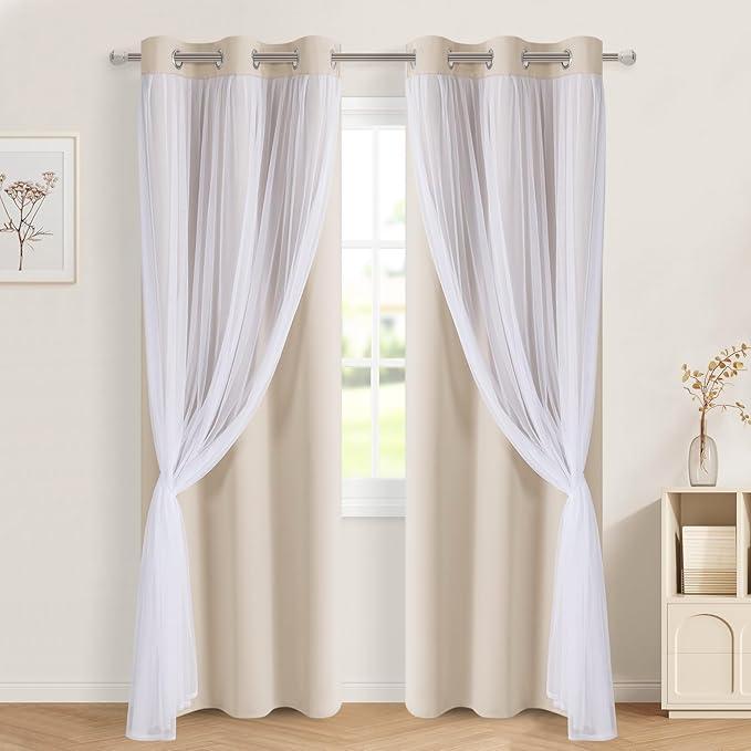 DWCN Beige Layered Curtains for Living Room Blackout and Sheer Curtains Grommet Top Window Treatment with Sheer Overlay for Bedroom, 38 W by 84 L, 2 Pieces