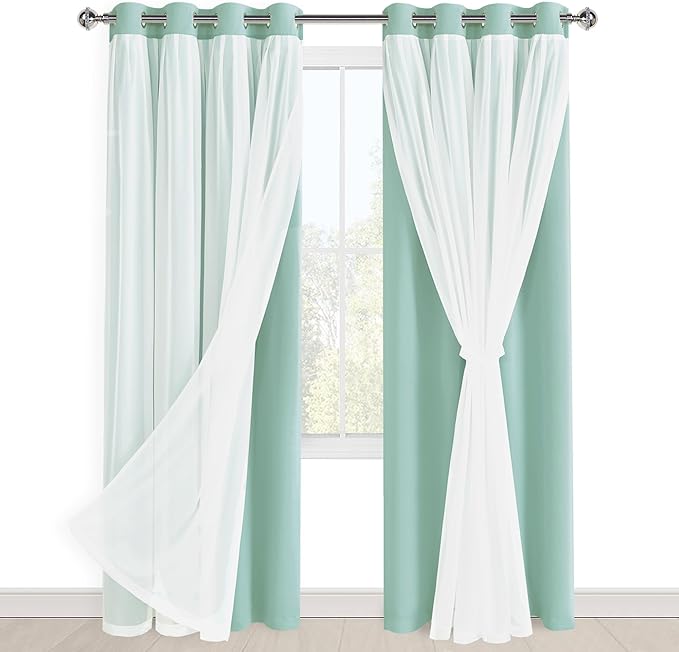 Hiasan Aqua Blackout Curtains with Sheer 84 Inches Long, Thermal Insulated Mix Match Double Layer Room Darkening Curtains for Bedroom, Living Room, 2 Window Drape Panels with Tiebacks, 52W X 84L