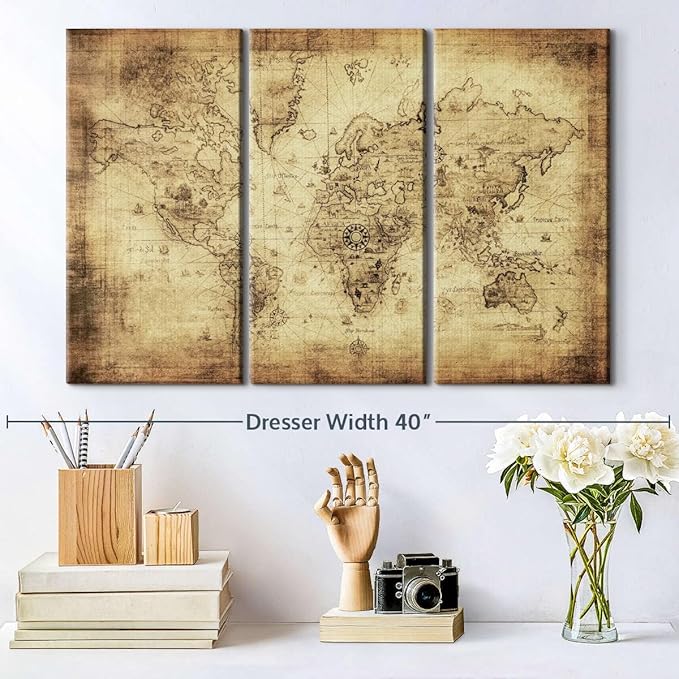 ElephantStock Ancient World Map Wall Art Multi Piece Canvas - 3 Piece Canvas World Map Wall Decor - Wall Decor - Ready-to-Hang Print - Vintage Wall Art - 33" X 20"