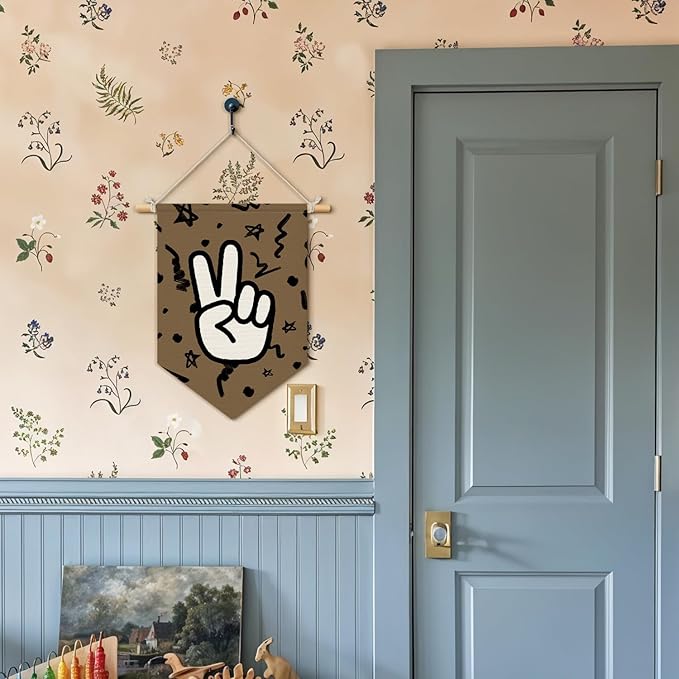 Wheatwin Boys Room Decor, Trendy Retro Wall Decor for Kids Toddler Nursery Room Bedroom Playroom, Peace Sign Brown Wall Hanging Pennant Flag Banner 15x11 Inch