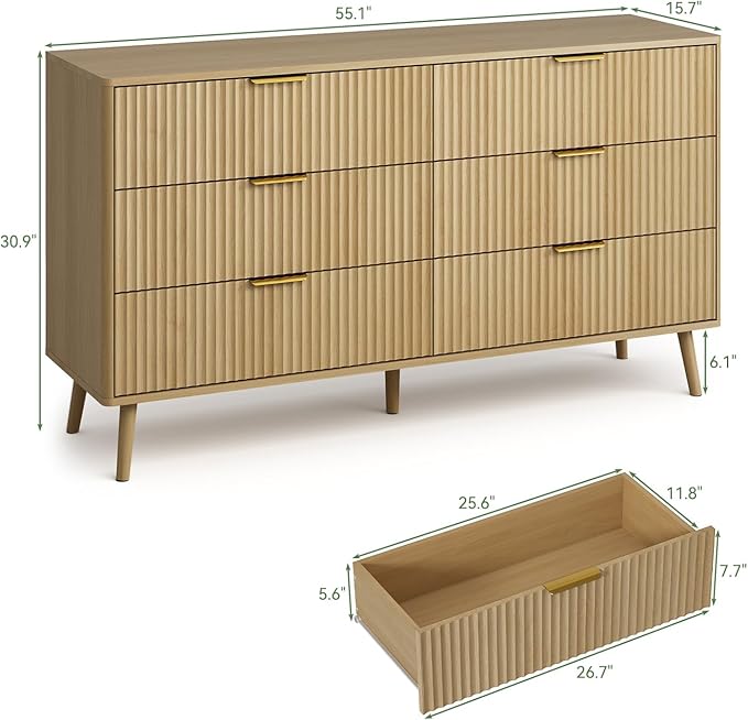 LYNSOM 55" Wide Fluted Dresser for Bedroom with 6 Drawer, Modern Chest of Drawers with Curved Profile Design and Metal Handles, Wood Dresser TV Stand & Storage Organizer for Living Room, Oak