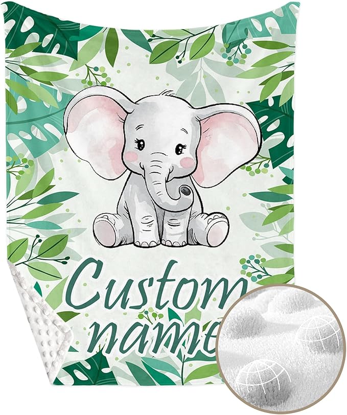 Personalized Crib Bedding Set for Boys Girls, Custom Baby Crib Sets with Name, Green Elephant Design Nursery Bedding 2 Piece - Soft Blanket with Double Layer Dotted Backing, Crib Fitted Sheet