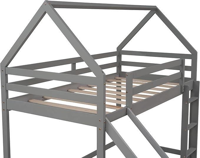 MERITLINE House Shaped Bunk Bed Twin Over Twin Size Wood Bunk Bed with Slide Low Bunk Beds for Boys and Girls, Twin Size, Grey