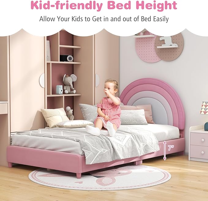 Costzon Twin Bed Frames with Adjustable Headboard, 660 LBS Weight Capacity Upholstered Wooden Kids Bed w/Slats Support, No Box Spring Needed, Easy Assembly, Twin Platform Bed Frame (Pink Rainbow)