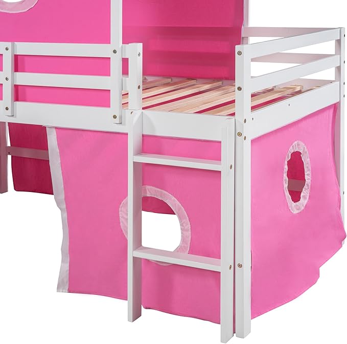 Playhouse Design Twin Size Low Loft Bed with Slide & Tent and Tower, Solid Wood Tent Bed Frame for Kids Boys Girls, Versatile Spacious Under Bed Space with Curtains (Pink-TW)