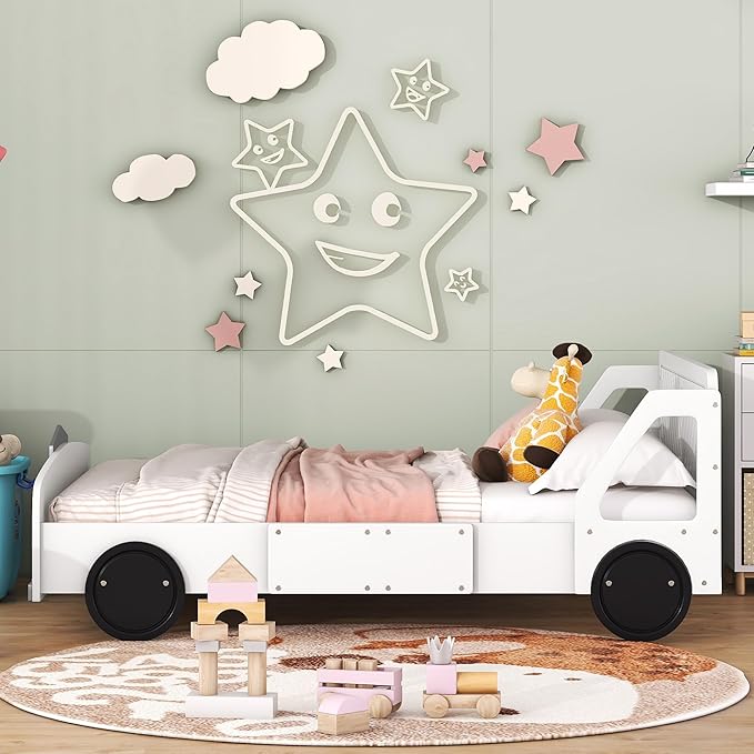 Full Size Car-Shaped Platform Bed with Wheels, Solid Wood Car Bed Frame with Strong Slatted Support for Kids Teens Boys Girls Bedroom, Fun Play Design Kids Floor Bed (White-WL55)