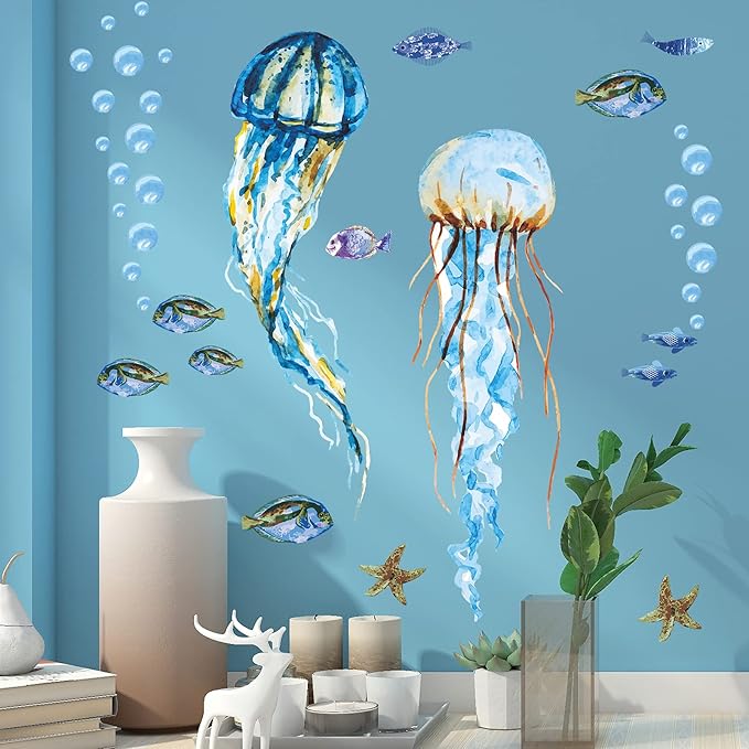 Creative Watercolor Jellyfish Wall Sticker Under The Sea Wall Decals Peel and Stick Removable Bubble Fish Starfish DIY Art Décor for Kids Girls Bedroom Living Room Bathroom Window Wall Decoration