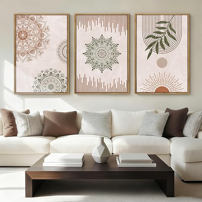 Anyzal Boho Wall Art Framed Large Abstract Geometric Line Paintings Mid-century Modern Plant Wall Decor for Bedroom Living Room Office 16x24 Inches 3 Piece