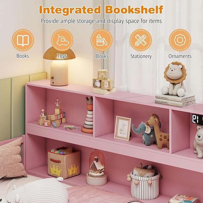 Giantex Full Size Floor Bed for Kids, Wooden Montessori Bed Frame with Bookcase, Storage Shelves & Safety Fence Rails, Floor Beds Full for Girls, Boys, No Box Spring Needed, Without Slats, Pink