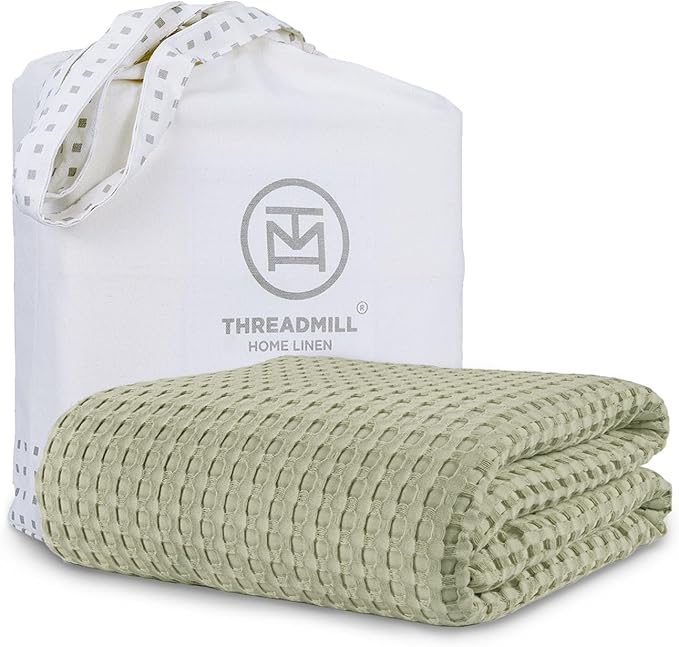 Threadmill Cooling Blanket Twin Size Waffle Weave| Breathable, Lightweight & Ultra-Soft | Made from Rayon Derived from Bamboo | Waffle Throw for Couch and Sofa | 68 x 92 Inches | Sage Green