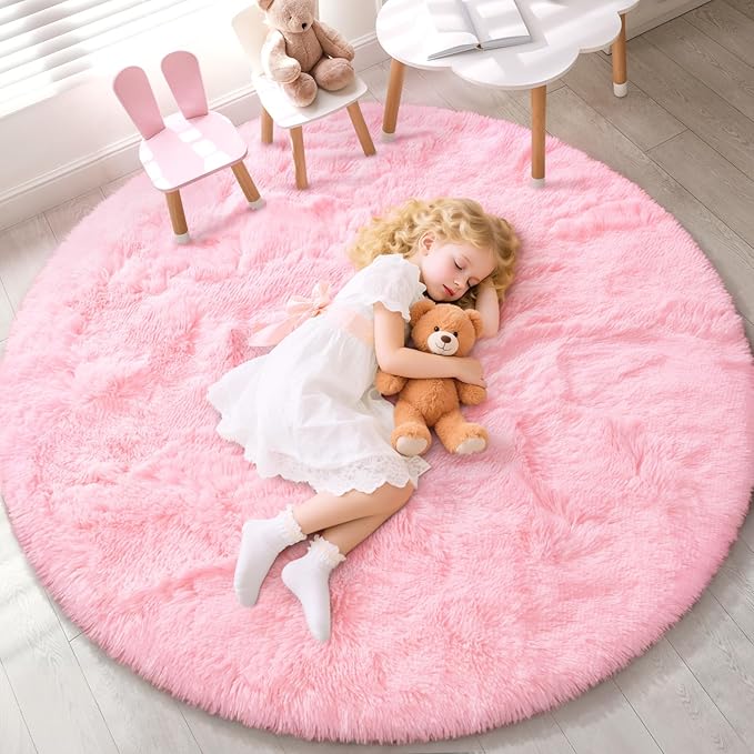 EVOIONOS Pink Round Rug for Bedroom, 4x4 Ft Fluffy Soft Circle Area Rugs for Living Room, Plush Shaggy Circular Carpet for Indoor Floor Bedside Girls Nursery, Machine-Washable Home Decor Aesthetic