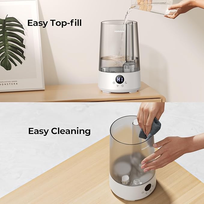 Homvana Humidifiers for Bedroom Home, 3.6 L Cool Mist Top-Fill 34H Super Long Time, Quiet 23dB, Baby Humidifier, Oil Diffuser for Large Room, House, Plant, Nursery, Office, BPA FREE, Ultrasonic (Grey)