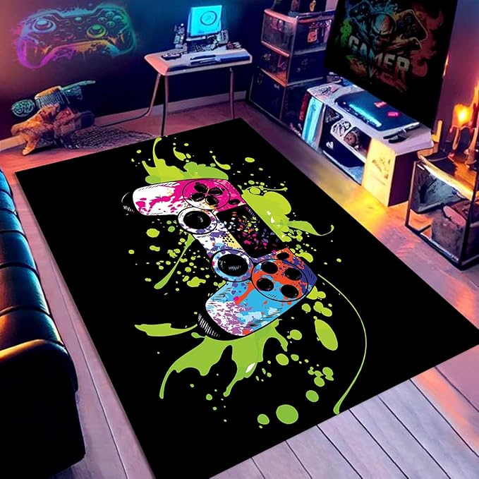 5x7ft Video Game Rug Consoled Gamepad Area Rug for Playroom Man Cave Teen Bedroom Decor Gamer Rugs Durable Stain Resistance Machine Washable Non-Slip Gaming Mat