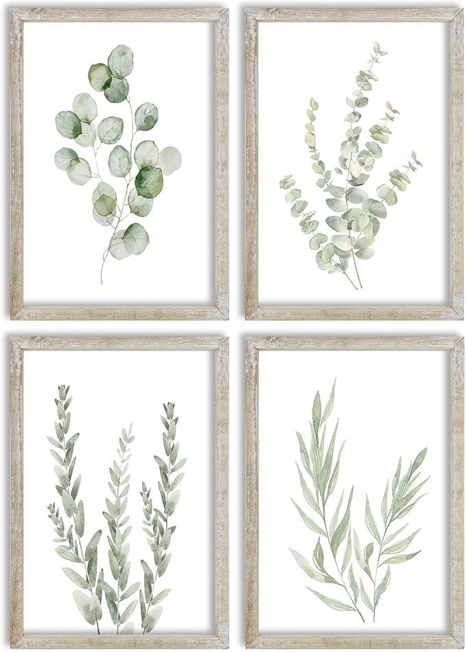 LuZhiQiang Botanical Wall Decor Sign 16x11 Inch Sage Green Plants Prints Set of 4 Modren Minimalist For Bathroom Bedroom Laundry Room Aesthetic Watercolor Small Wood Framed Wall Hanging Art (White)
