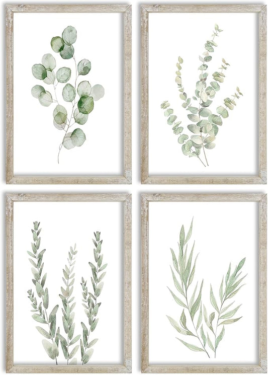 LuZhiQiang Botanical Wall Decor Sign 16x11 Inch Sage Green Plants Prints Set of 4 Modren Minimalist For Bathroom Bedroom Laundry Room Aesthetic Watercolor Small Wood Framed Wall Hanging Art (White)