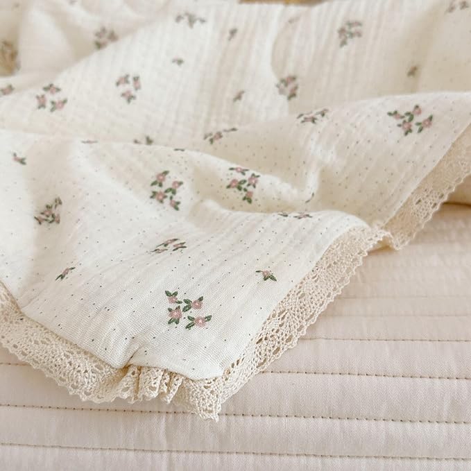 BuLuTu Pink Flower Print Toddler Kids Comforter Muslin Cotton Toddler Blankets for Girls Boys Children Quilt Blanket (No Pillow), Breathable Skin-Friendly, Primrose Pattern, 60"x78"