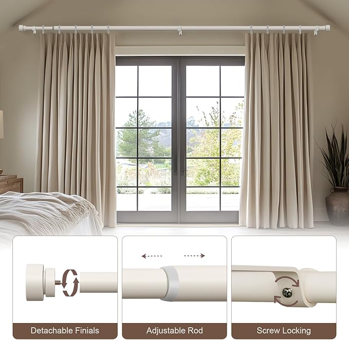 Modern White Curtain Rods for Windows 66 to 120 Inches Adjustable Length Heavy Duty 1" Diameter Window Curtain Rod with Decorative Finials for Outdoor Farmhouse Bedroom Kitchen Living Room