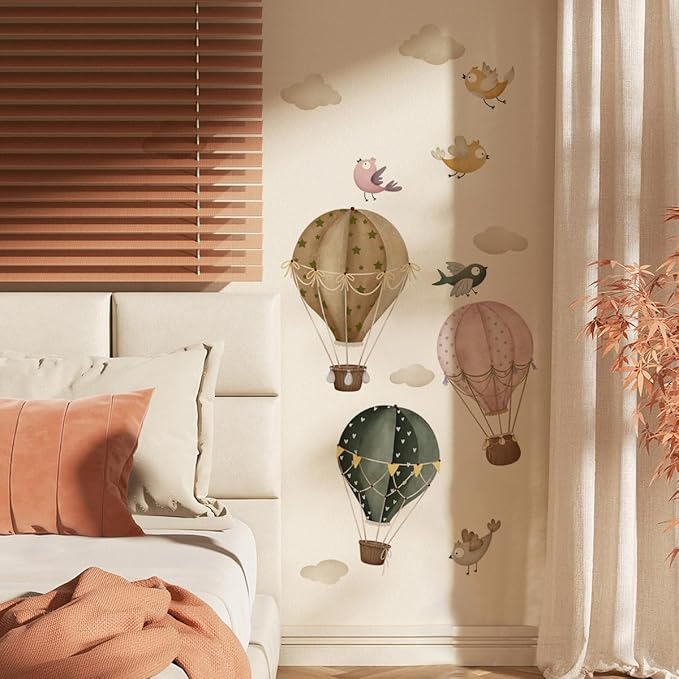 Boho Vintage Hot Air Balloon Bird White Cloud Wall Decal，Hot Air Balloons Wall Decals，Hot Air Balloons in The Sky Wall Stickers，Peel and Stick Removable for Kids Nursery Bedroom Living Room Decor
