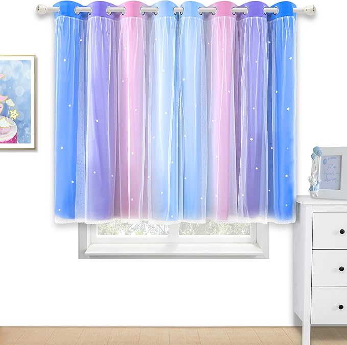 Kinryb Christmas Colorful Star Hollowed Out Curtains Stars Blackout Curtains for Kids Boys Bedroom Living Room Double Layer 2 Panel Rainbow Blue 52W x 45L