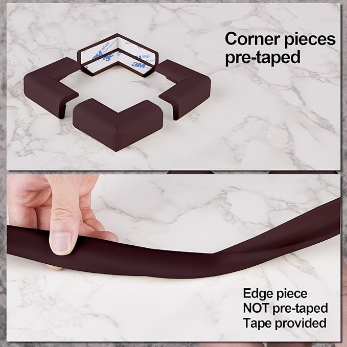Baby Proofing Edge and Corner Guards, Safety 3M Pre-Taped Furniture Bumper, [16.40ft Edge + 4 Corners] Baby Corner Protector for Fireplace, Table, Stair, Cabinet (Coffee Brown)