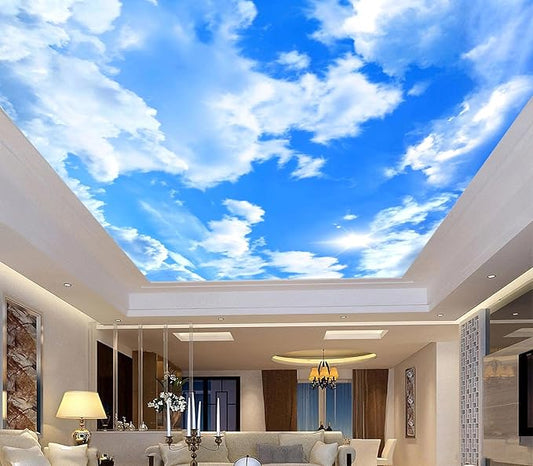 Blue Sky and White Clouds Suspended Ceiling Wall Mural Wallpaper for Bedroom