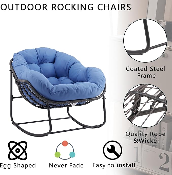 Oversized Outdoor Papasan Rocking Chair Set of 2 with Soft Cushion, Comfy Patio Egg Chair, Wicker Lounge Rocker for Balcony/Porch/Garden, Reinforced All Weather Rattan Frame, Royal Blue