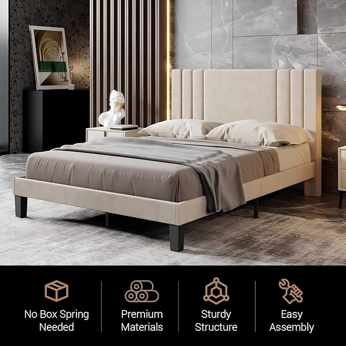 Tyndall Queen Size Bed Frame, Velvet Upholstered Platform with Headboard, Beige