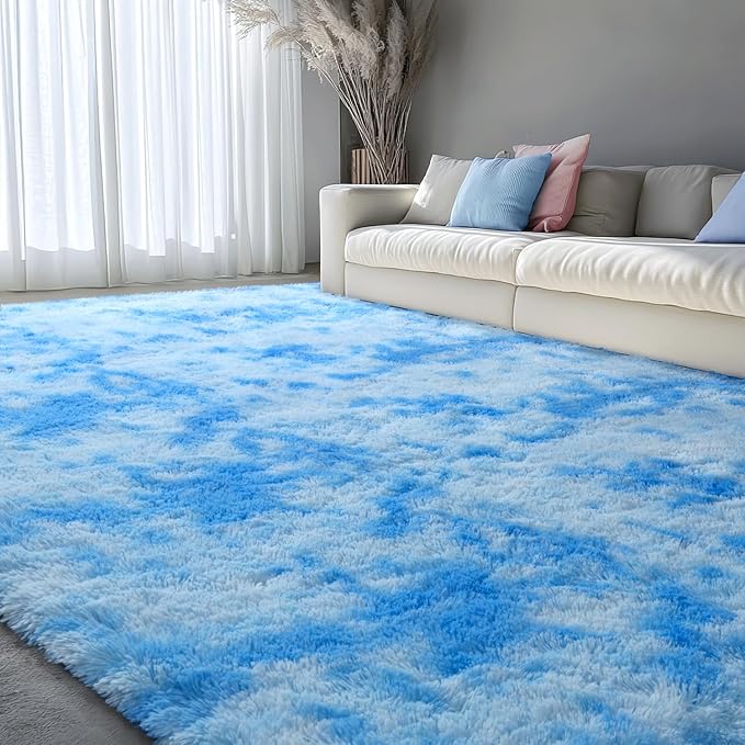 EVOIONOS Area Rug for Living Room Bedroom, Washable 5x8 Fluffy Shag Large Rug, Soft Plush Non Slip Carpet for Indoor Floor Bedside Nursery Girls Kids Room Dorm, Home Decor Aesthetic, Tie-Dyed Blue