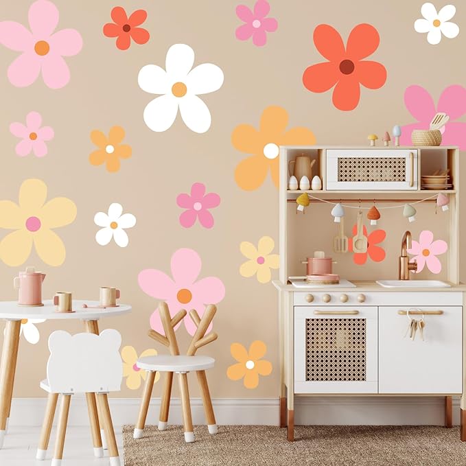 TaoBary 12 Sheets Daisy Wall Decal Flower Wall Sticker Cute Daisy Sticker Pink White Flower Decal Peel and Stick Floral Wallpaper for Nursery Bedroom Home Decor(Bright Color,Elegant Style)