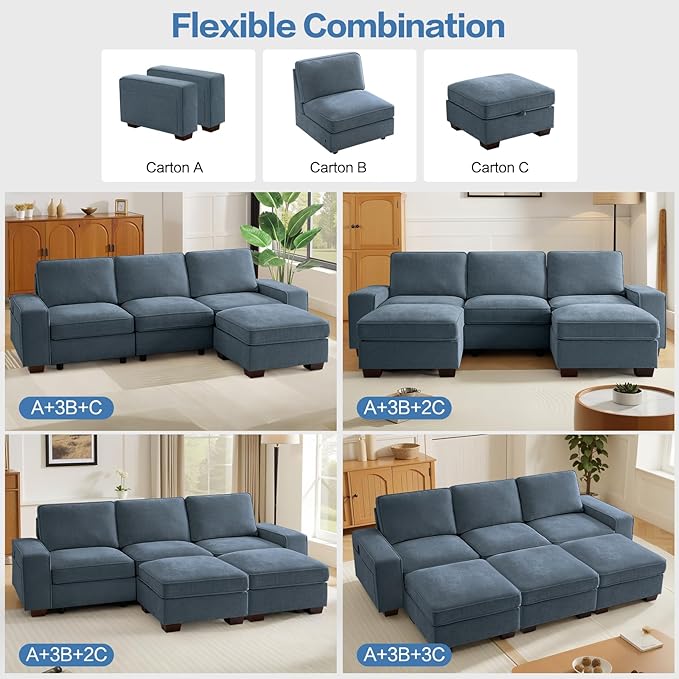 TEKAMON 100" Modular Sectional Sofa with Seats Storage, U Shaped Couch with Movable Ottomans, Chenille Fabric Couch for Living Room,Removable Cover(Blue, 3 Seater & 2 Ottomans- U Shape)