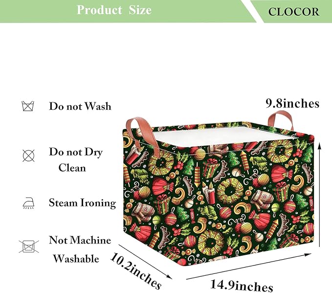 CLOCOR Rectangular Storage Basket,Collapsible Cute Pattern Storage Bin,Waterproof Books Box with Handles,Gift Basket(Green Christmas)