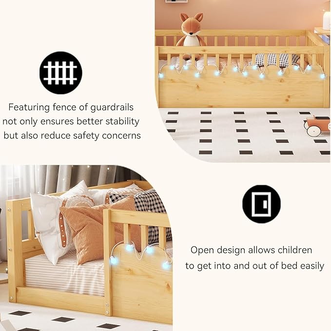 Twin Toddler Floor Bed with High Rails, Kids Montessori Bed Frame with Light and Storage Shelf, Wooden Twin Size Bed Frame for Girls and Boys, Natural