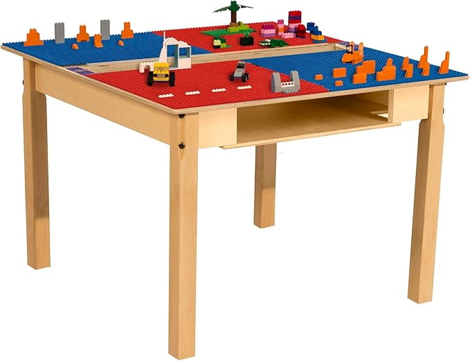 Contender Time-2-Play 35" Square Plywood Red & Blue Lego Compatible Blocks Play Table, Solid Wood Square Table with Trough and Shelf for Playroom with 20" Long Legs in Natural Color, UV Finish