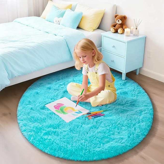 EVOIONOS Teal Blue Round Rug for Living Room, 6x6 Ft Fluffy Soft Circle Area Rugs for Bedroom, Plush Shaggy Circular Carpet for Indoor Floor Bedside Kids Nursery, Machine-Washable Home Decor Aesthetic