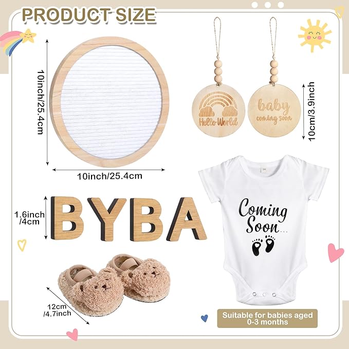 8 Pcs Pregnancy Announcement Set Pregnancy Reveal Ideas Include Felt Letter Round Board Kit Baby Bodysuit Booties Wood Blocks Wooden Signs for Coming Soon Baby Announcement(White)