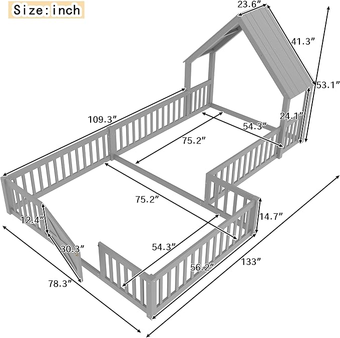 Harper & Bright Designs Full Size House Shaped Double Floor Bed with Door and Full-Length Guardrails, Solid Wood Kids Montessori Floor Bed for Girls Boys, Multi-Function, Grey