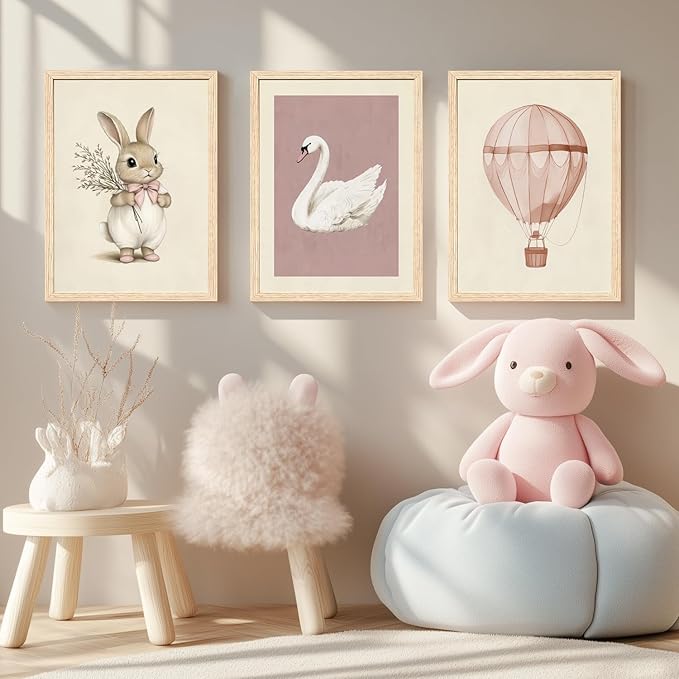 Hianan Pink Baby Girl Nursery Wall Decor Cute Bunny Wall Art Cozy Rabbit Canvas Artwork Elegant Swan Poster Prints Vintage Hot Air Balloon Painting Prints for Kid's Room Baby Room Wood Framed 12"x16"x3