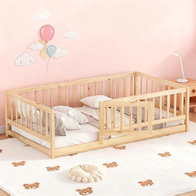 Twin Size Montessori Floor Bed with Rails & Door - 77" x 41.5"x 21.5" Wooden Low Profile Toddler Bed Frame, Natural Oak Finish