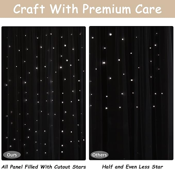 Kinryb Kids Blackout Curtains for Bedroom/Living Room/Classroom, Sheer Overlay Extra Long 2 Panel Set, Double Layer Curtains with Star Cutout for Kids Room(W 52 x L 108 Inches,Beige 2 Pcs)