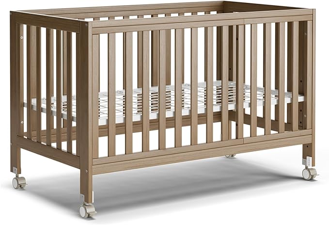MAMAZING EvoNest Baby Crib, 11 in 1 Convertible Mini Crib with Wheels, 100% New Zealand Wood Growing Bed, 4 Adjustable Mattress Height, Walnut Brown