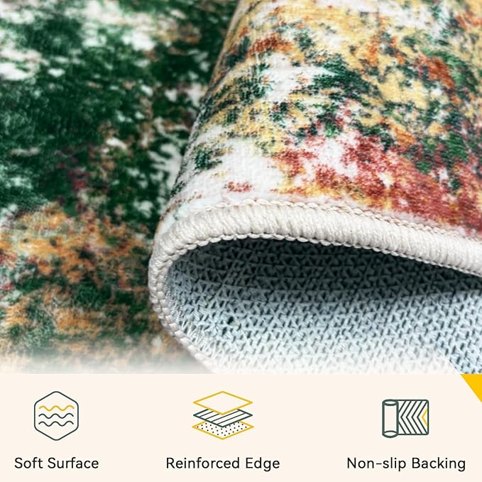 Washable Area Rugs 4ft Non-Slip Modern Abstract Soft for Living Room Entryway Bedroom Nursery, Print Pattern, Green Orange Rust Red Cream Colorful