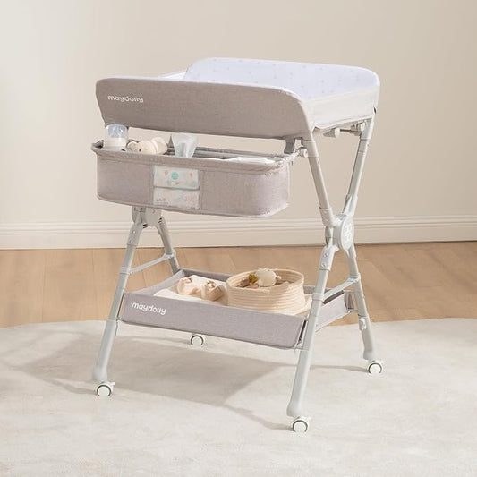 Maydolly Changing Table，Portable Diaper Changing Station, Foldable Baby Changing Table,Compact Nursery Diaper Changing Table for Baby，Adjustable Height，Mobile on Wheels, Grey