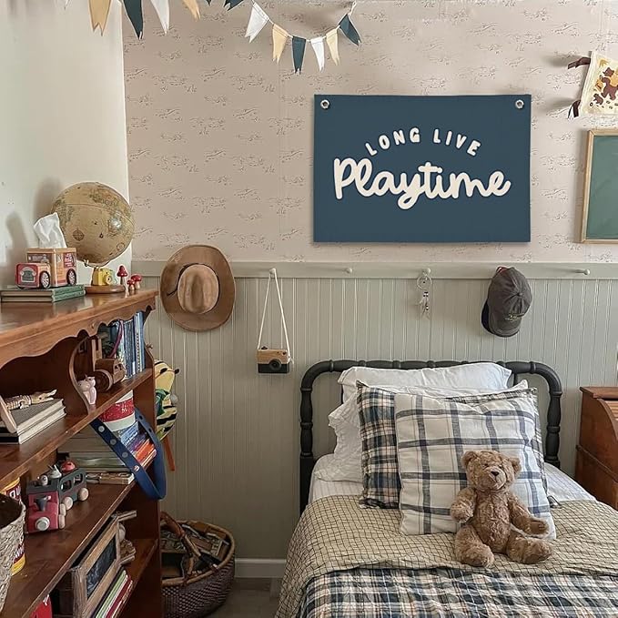 Playroom Decor for Boy, Long Live Playtime Wall Hanging Linen Banner, Blue Striped Wall Flag for Kids Room Nursery Playroom Decor, 20x30 Inch-Navy Blue