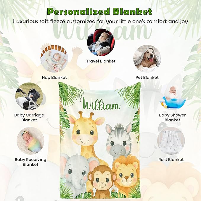 Personalized Woodland Baby Blanket with Name, Custom Name Blanket for Boy, Printed in USA, Super Soft Blankets for Newborn, Customized Gifts for Baby Shower Birthday Christmas