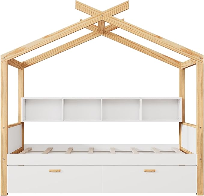 Twin Size Wooden House Bed with Two Drawers and Bookshelf Storage Space, Original Wood Colored Frame with Roof and Slats Support for Kids Teens Girls Boys Bedroom (White+Drawers, Twin)