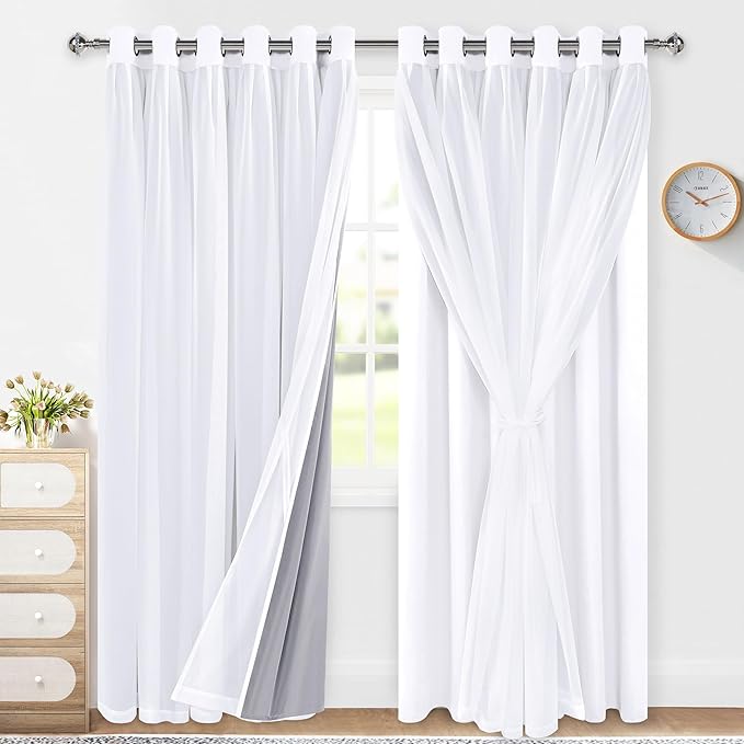 XWZO White Double Layer Curtains, 100% Blackout Curtains with Sheer Overlay for Nursery, Living Room, Children's Room, Grommet Thermal Insulated Privacy Curtains with Tiebacks, 2 Panels, 70x84
