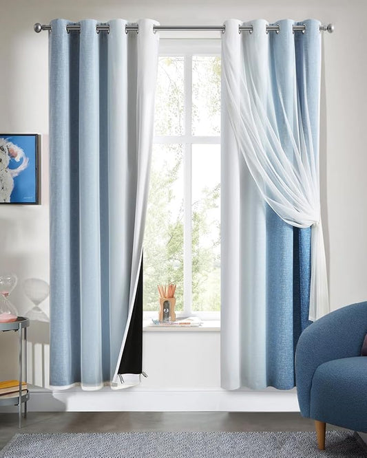 100% Blackout Curtains with Sheer Overlay Mix and Match Double Layer Drapes 72 Inch Length 2 Panels for Bedroom Living Room Blue White Ombre Grommet Window Treatment with Tiebacks